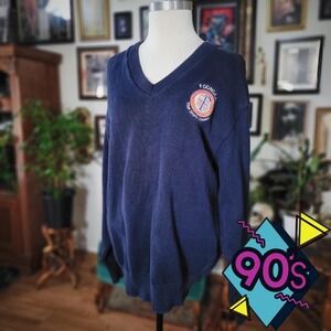 Vantage Custom Classics Sweater Vintage 90s Navy V-Neck Embroidered CSUF